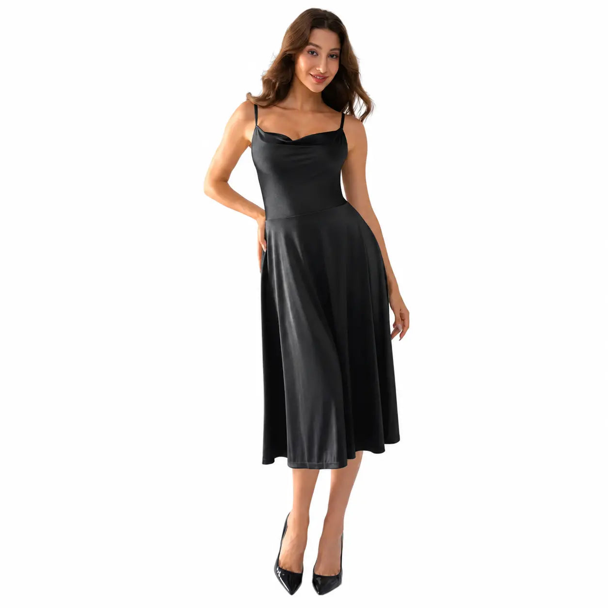 Summer Special Sale❤️Shapewear Strappy Cowl Neck Fit & Flare Midi Dress With Built-in Bra