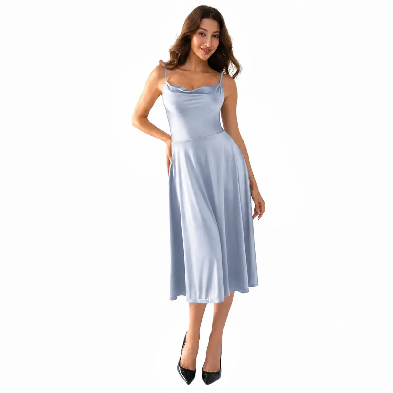 Summer Special Sale❤️Shapewear Strappy Cowl Neck Fit & Flare Midi Dress With Built-in Bra
