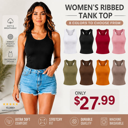 Summer Special Sale🍃Round Neck Built-in Bra Ribbed Tank Top Fit Casual Comfortable💥