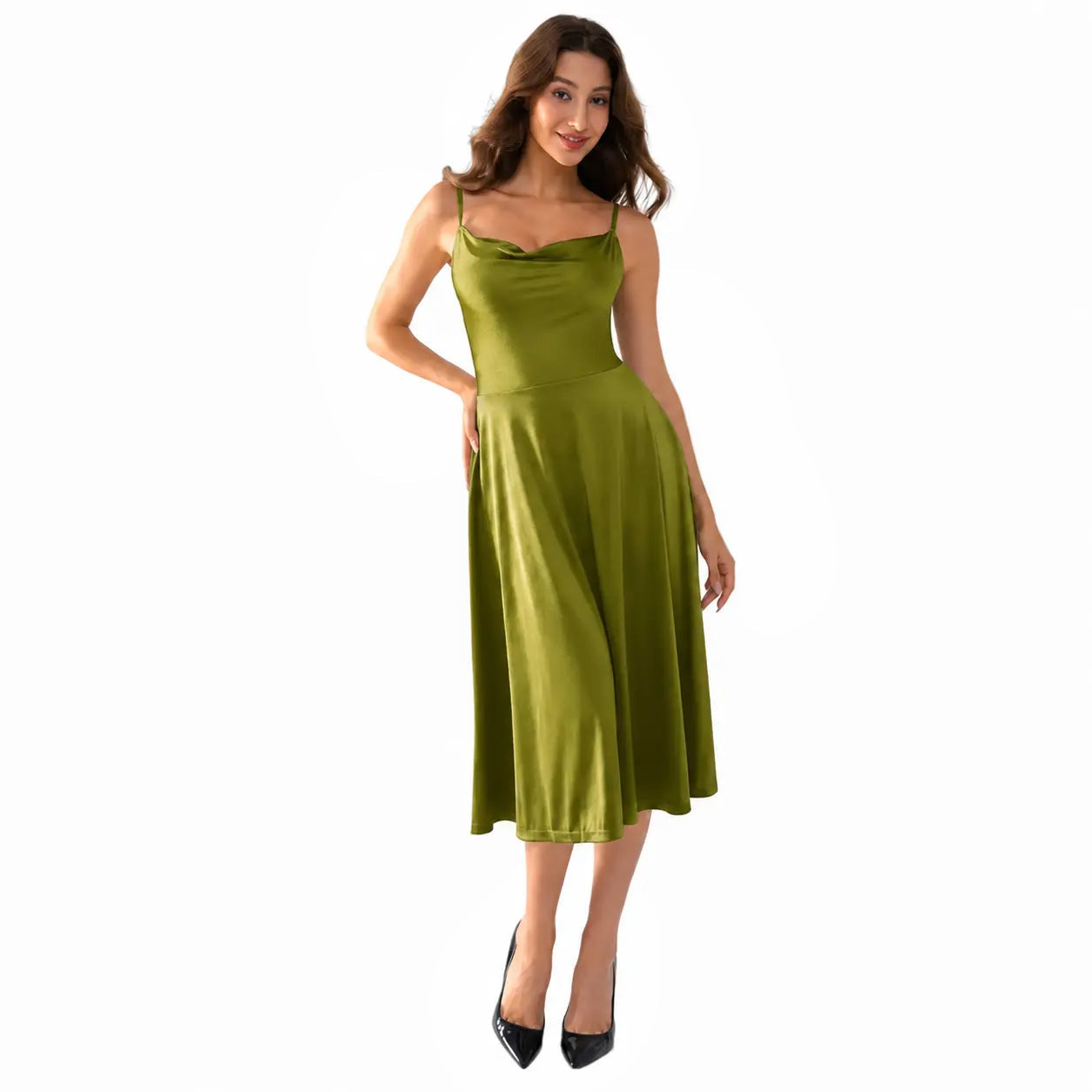 Summer Special Sale❤️Shapewear Strappy Cowl Neck Fit & Flare Midi Dress With Built-in Bra