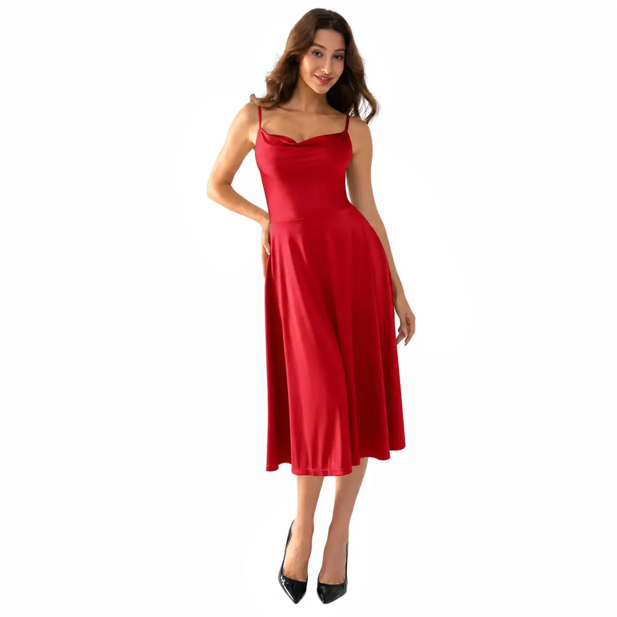 Summer Special Sale❤️Shapewear Strappy Cowl Neck Fit & Flare Midi Dress With Built-in Bra